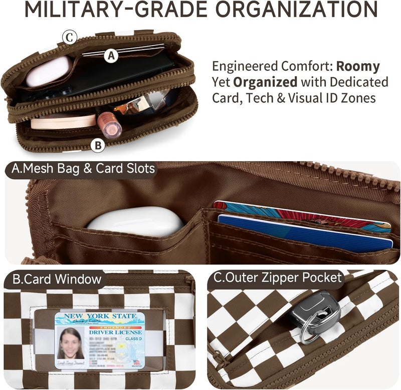 NBERMOTION Checkered Nylon Wristlet Wallets for Women RFID Blocking Purse With Credit Card Holder & Crossbody Strap - Image 3